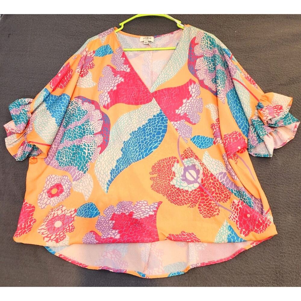 Umgee Large Top Floral‎ Flutter Sleeve V-Neck Faux Wrap Hi Low Pink Mango Boho